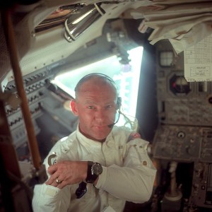 Buzz Aldrin in the cockpit wearing his Omega Speedmaster