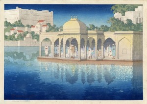 s51:cb 'Prayers_at_Sunset,_Udaipur,_India',_woodblock_print_by_Charles_W._Bartlett,_1919,_Honolulu_Academy_of_Arts