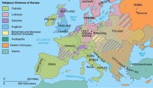 De religieuze kaart van Europa in de 16e eeuw. 